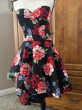 B Darlin Black Floral Prom Dress with Red and Blue Blooms